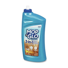 Blue floor cleaning polish bottle with white cap, front label from side