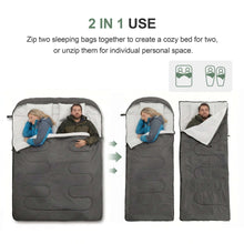 Double sleeping bag zipped as one unit, then split into two personal bags