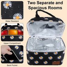 Insulated lunch bag with daisy print, opened interior with two spacious compartments