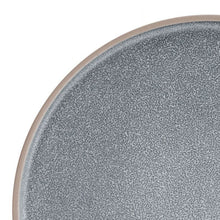 Close-up of blue speckled stoneware dinner plate surface