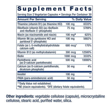 Supplement Facts label with B-complex ingredient amounts and daily value notes
