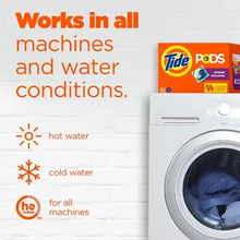 Tide PODS Spring Meadow detergent pod pack beside washing machine with hot and cold icons