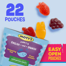Fruit snack pouches packaging showing 22 pouches and easy open graphic