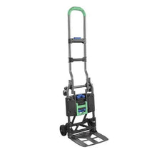Folding hand truck with green handle, toe plate, and caster wheels in extended mode
