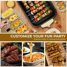 Electric indoor grill cooking surface with assorted grilled foods and removable plate trays