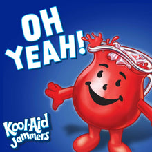 Kool-Aid Jammers mascot holding a cup and straw, smiling