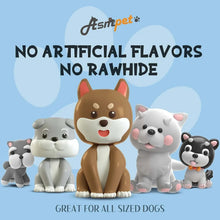 Cartoon dog characters promoting no artificial flavors and no rawhide dog treats.
