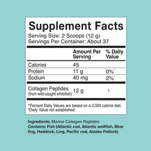 Collagen peptides supplement facts panel with serving size and nutrition table