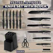15-piece black kitchen knife set with matching knife block and labeled knife sizes