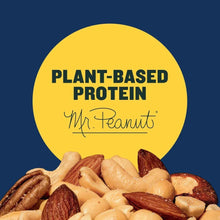 PLANTERS plant-based protein mixed nuts front label with yellow badge and nuts