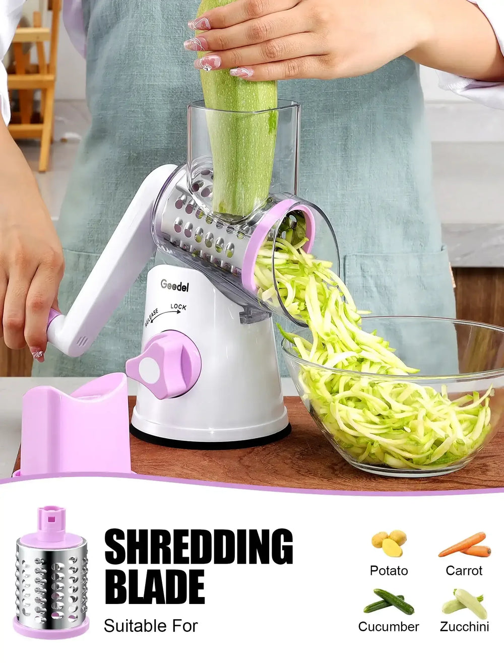 Geedel Rotary Cheese Grater, Kitchen Grater Vegetable Slicer with 3 Interchangeable Blades, Powerful Suction, Dishwasher Safe, Easy to Clean Grater for Vegetable, Fruit, Nuts - USA MEGA SHOP