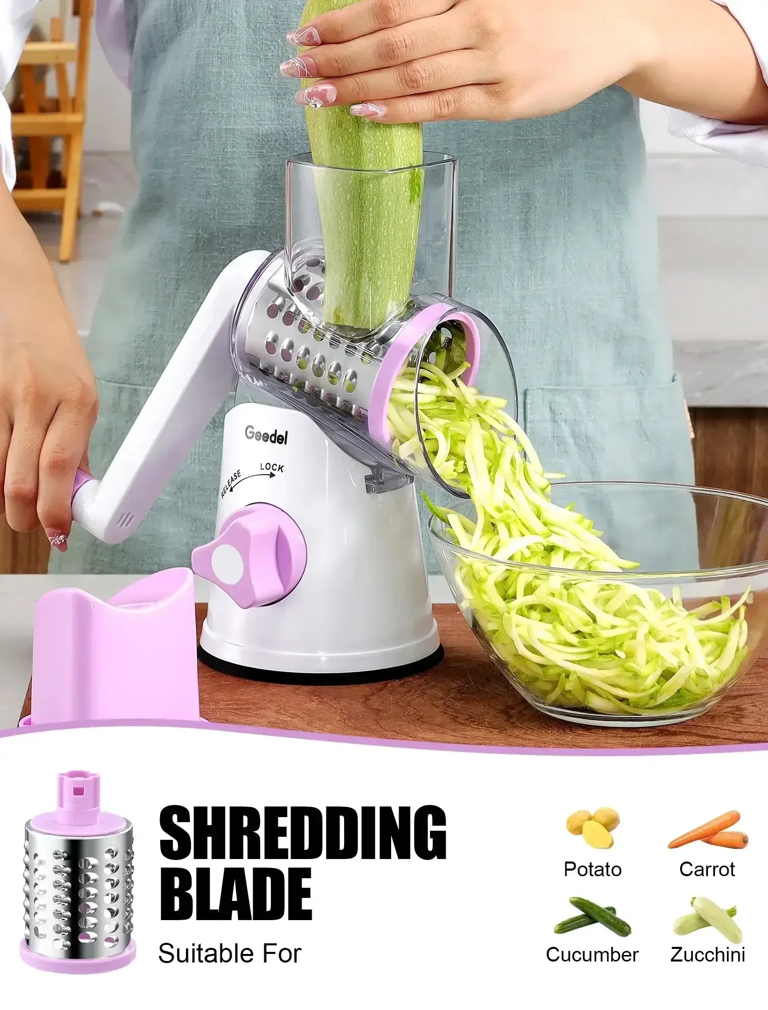 Geedel Rotary Cheese Grater, Kitchen Grater Vegetable Slicer with 3 Interchangeable Blades, Powerful Suction, Dishwasher Safe, Easy to Clean Grater for Vegetable, Fruit, Nuts