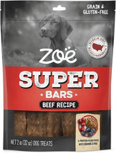Zoë Super Bars beef recipe dog treat bars bag with grain-free and gluten-free seal