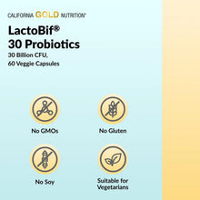 LactoBif 30 probiotics info icons: No GMOs, No gluten, No soy, vegetarian