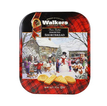 Walkers pure butter shortbread tin with plaid design and assorted biscuits