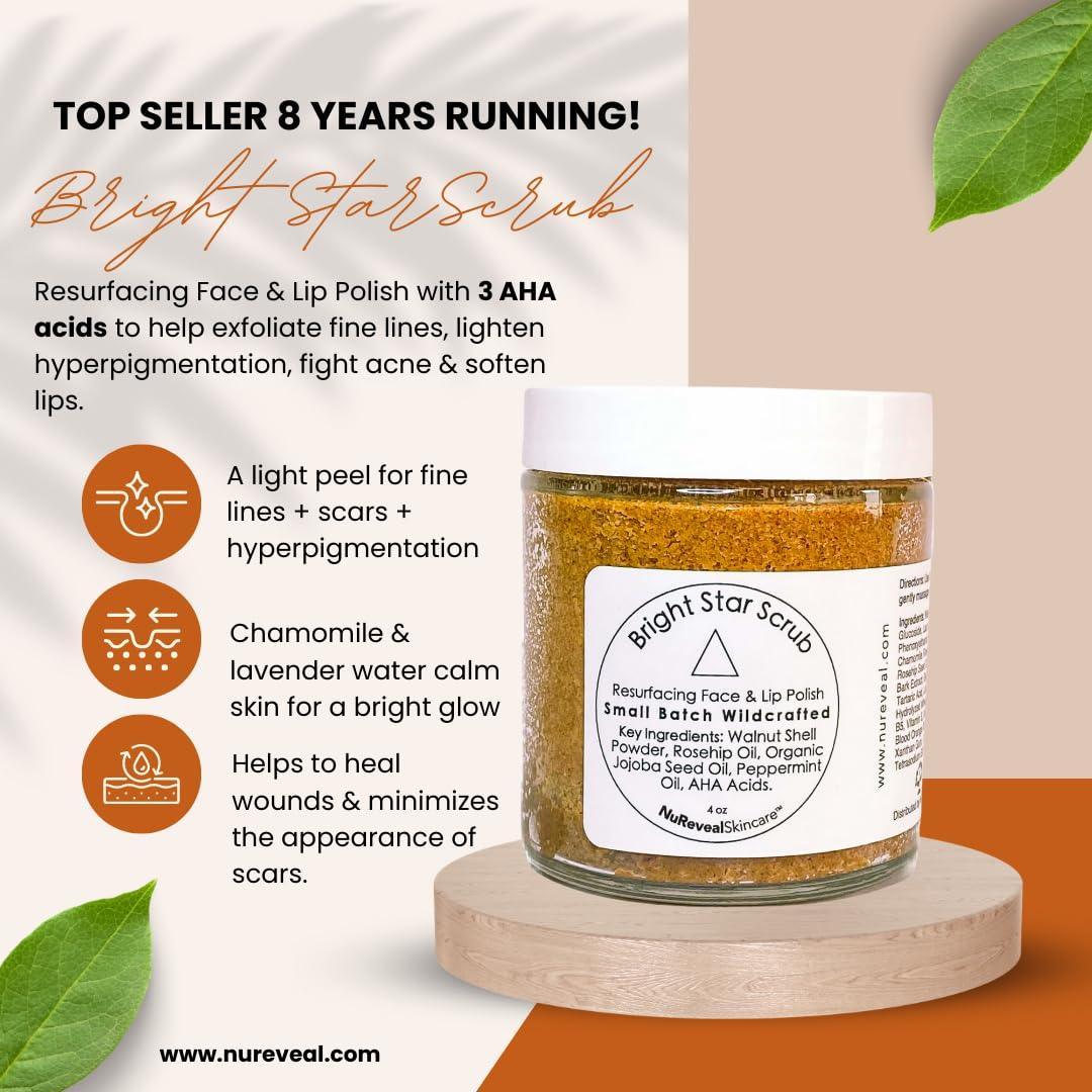 BRIGHT STAR SCRUB Resurfacing Face & Lip Polish with AHA Acids, Exfoliating & Brightening Scrub