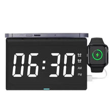 Wireless alarm clock charging station with 06:30 AM/PM display and smartwatch on right