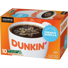 Dunkin French Vanilla Keurig K-Cup pod box with cup and pod graphics, 10 count.