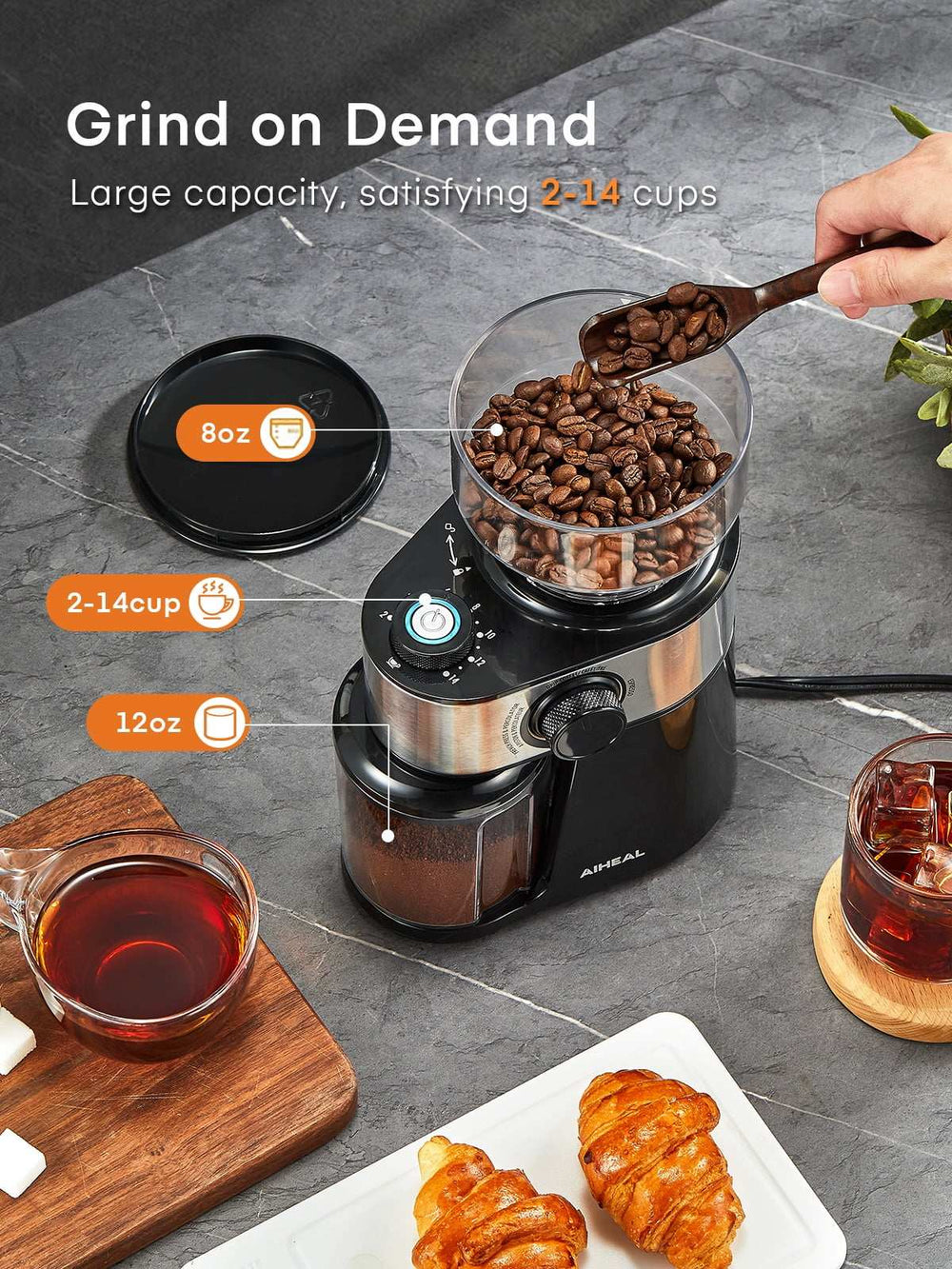 Electric Burr Coffee Grinder with 2-14 Cup Capacity, Aiheal Adjustable Burr Mill Coffee Bean Grinder with 18 Grind Settings for Espresso Drip Coffee and French Press, Black