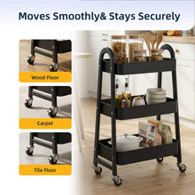 Black 3-tier rolling utility cart with caster wheels and open shelves