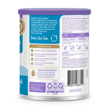 Bubs goat milk toddler drink tin showing nutrition and preparation information on the back