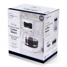 Black 12-cup programmable drip coffee maker on retail box packaging