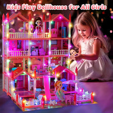 Light-up pink dollhouse playset with interior rooms and doll figures