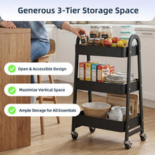 Black 3-tier storage cart on caster wheels with open shelves