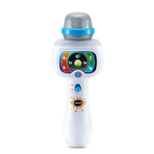 White karaoke microphone toy with blue band and gray speaker top, colorful display and buttons