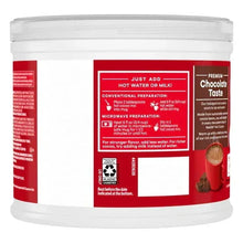 Hot cocoa mix can back panel with 'Just add hot water or milk' preparation steps