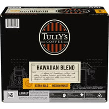 Tully's Coffee K-Cup box with Hawaiian Blend label on black, medium roast, 100 count.
