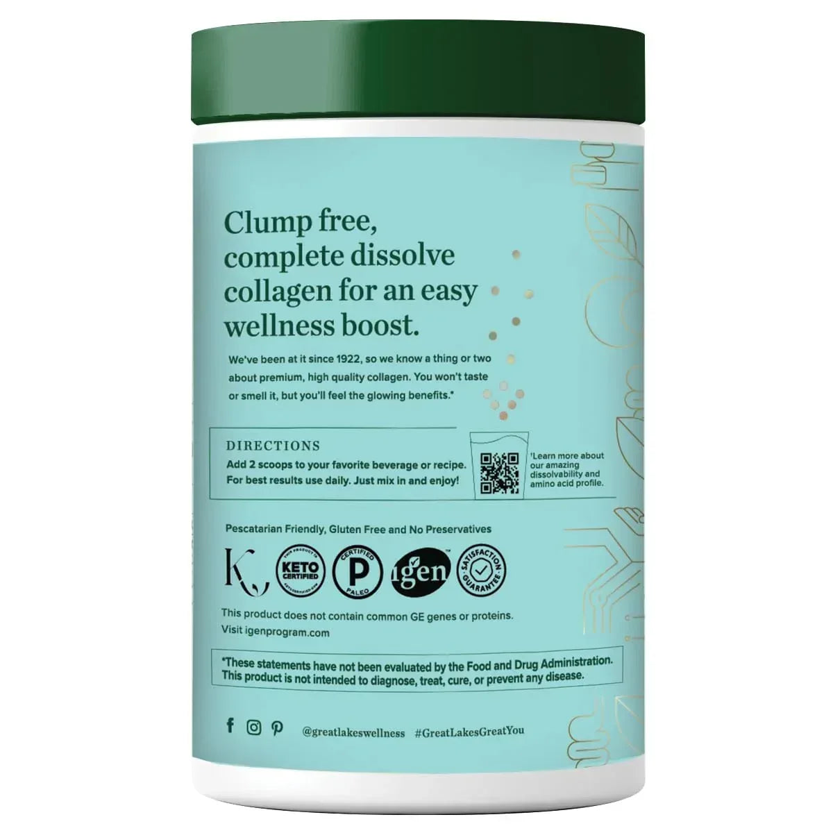 Great Lakes Wellness Sustainable Marine Collagen Peptides Powder for Skin, Hair, Nails, Joints & Digestion - Unflavored - Quick Dissolve Hydrolyzed, Wild Caught, MSC Certified, Non-GMO, Kosher - 16 oz