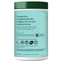 Collagen peptides jar back label text: clump free, dissolve complete, directions