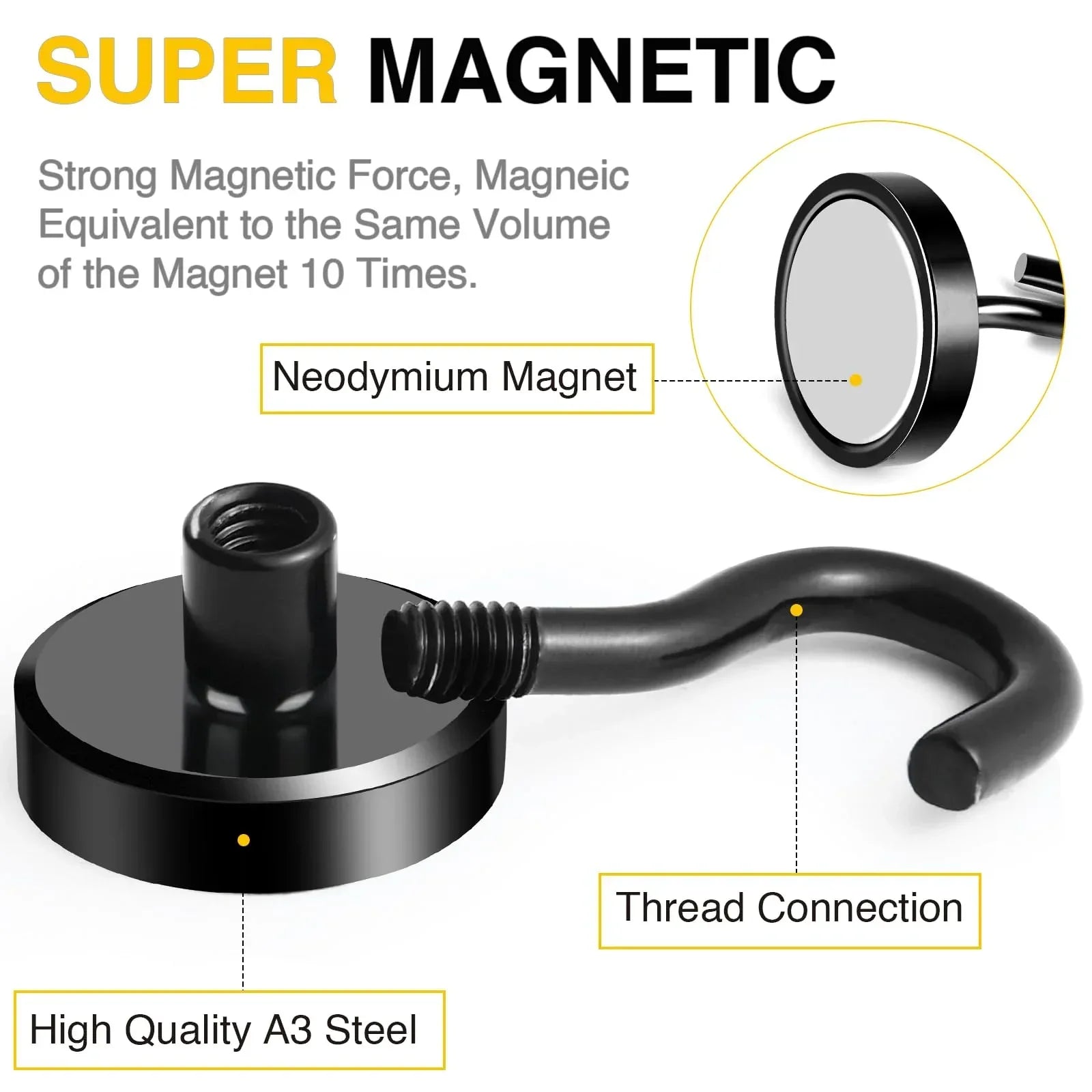 DIYMAG 10 Pcs Magnetic Hooks, 80Lbs Heavy Duty Rare Earth Neodymium Magnetic Hanger for Hardware Tools, Garage, Office, Kitchen (Black)