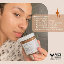 Face and lip polish jar held up, gold scrub inside, white Bright Star Scrub label