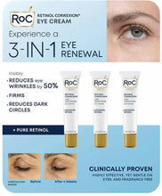 RoC retinol eye cream 3-pack, three white tubes with gold caps