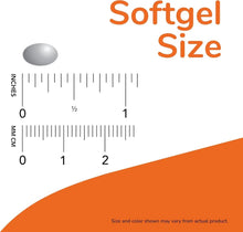 Softgel size measurement graphic with inches and centimeters scale
