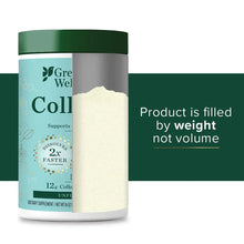 Collagen peptides supplement jar with white powder mound, unflavored label