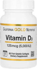 Vitamin D3 supplement bottle, 125 mcg (5,000 IU), 90 fish gelatin softgels