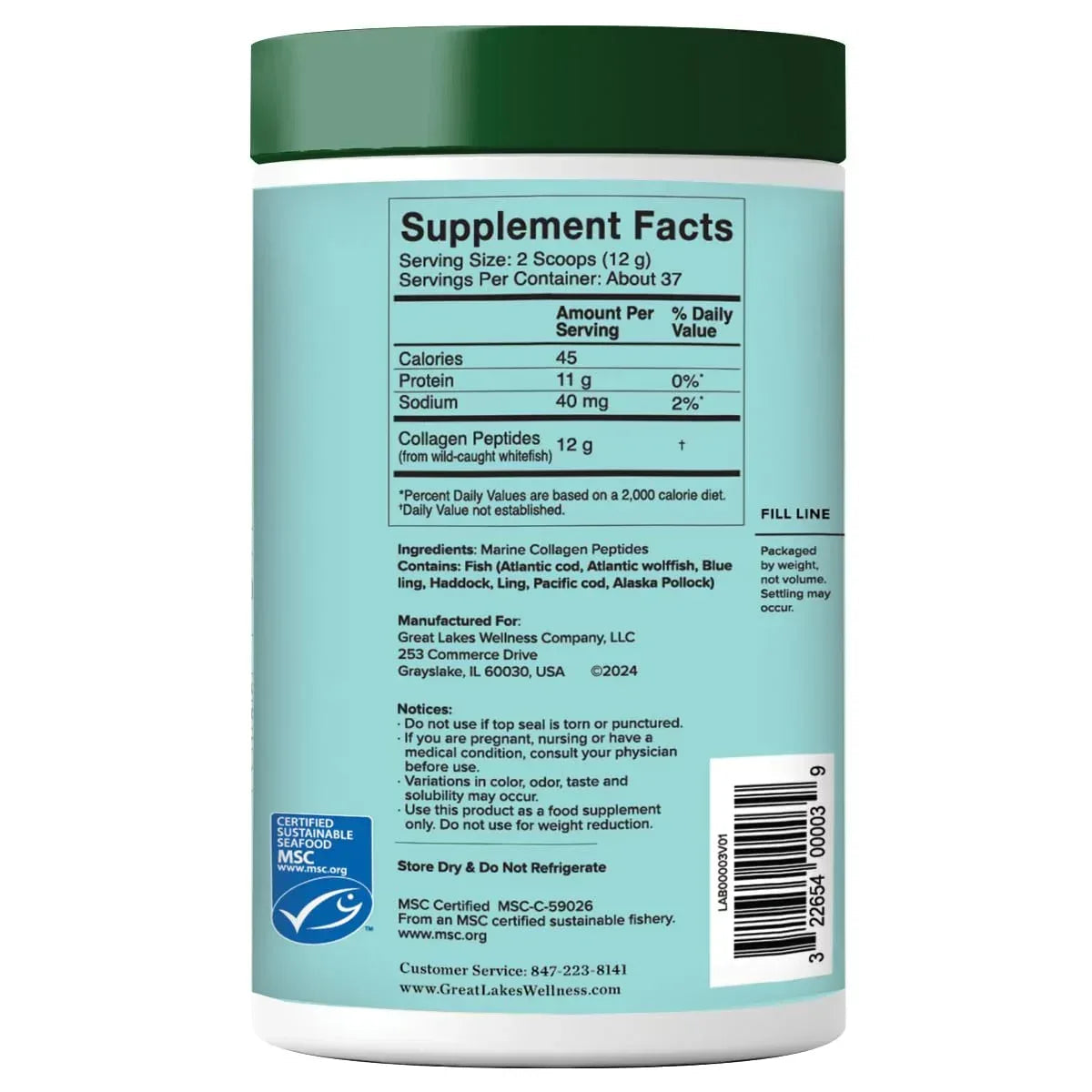 Great Lakes Wellness Sustainable Marine Collagen Peptides Powder for Skin, Hair, Nails, Joints & Digestion - Unflavored - Quick Dissolve Hydrolyzed, Wild Caught, MSC Certified, Non-GMO, Kosher - 16 oz