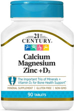 Calcium magnesium zinc + D3 mineral supplement bottle front, 90 tablets