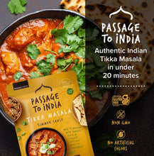 Tikka masala sauce pouch with meal bowl and 20-minute cooking claim graphic