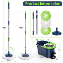 Spin mop and bucket set with drain outlet, dark blue bucket with green rim