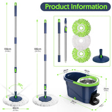 Spin mop and bucket set with size diagram, two green microfiber mop heads and handle