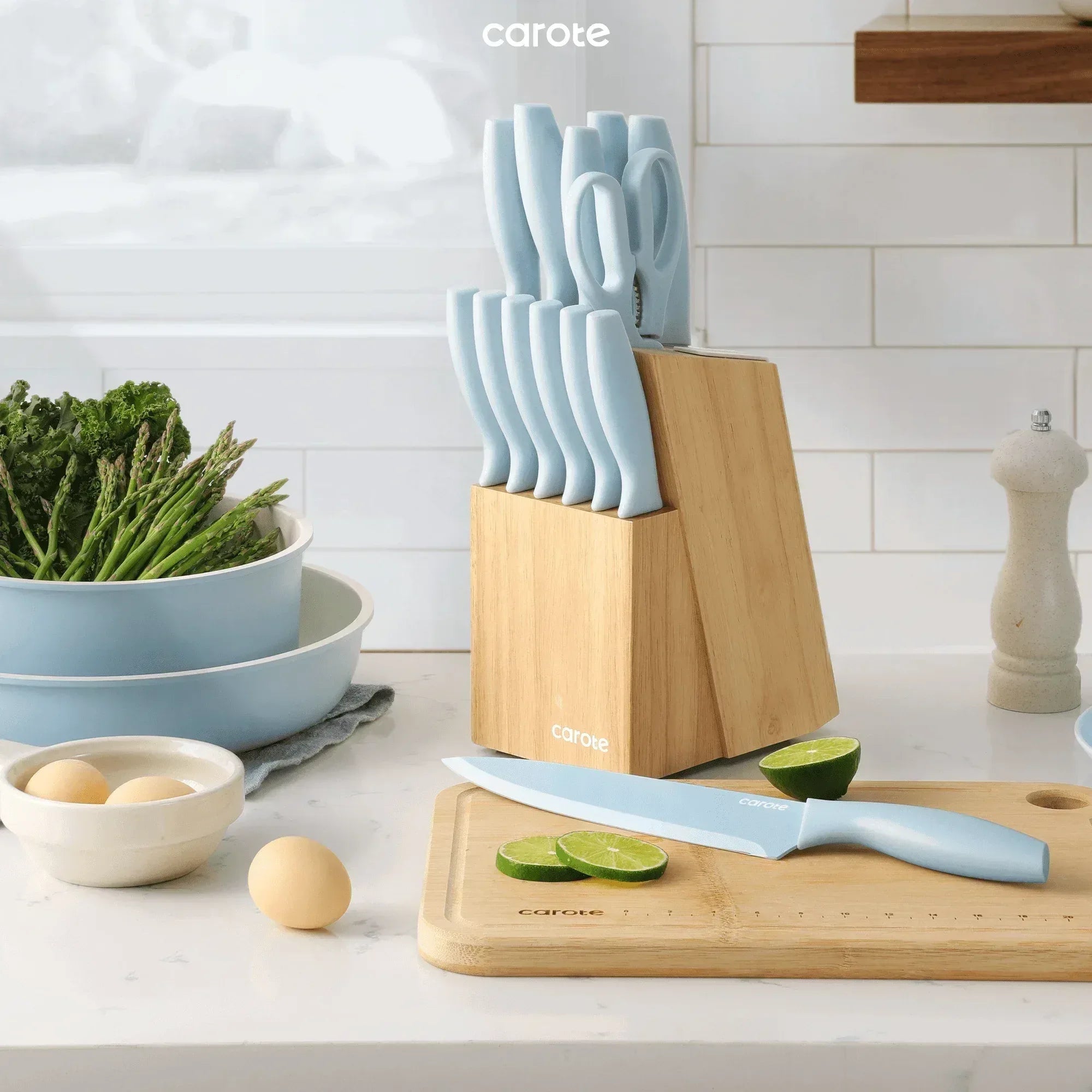 Carote 15-Piece Premium Kitchen Knife Set, Black Ceramic-Coated Blades with Stylish Wooden Block