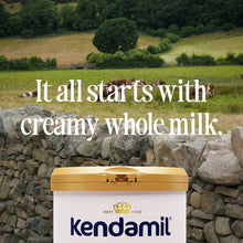 Kendamil infant formula canister with gold lid, front label in a close landscape view