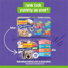 Purina Friskies pate variety pack showing 40 cans and 'new look' packaging