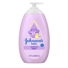 Purple-pink pump bottle labeled Johnson’s baby bedtime lotion with soothing bedtime design