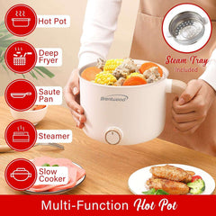 Brentwood 1.6-Qt. Multifunction Electric Ceramic Non-Stick Hot Pot Cooker with Stainless Steel Food Steamer, White
