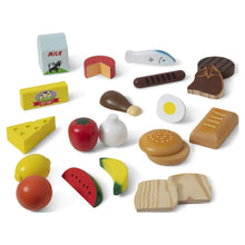 Assorted wooden pretend food pieces with printed milk and butter blocks, plus egg and fruit